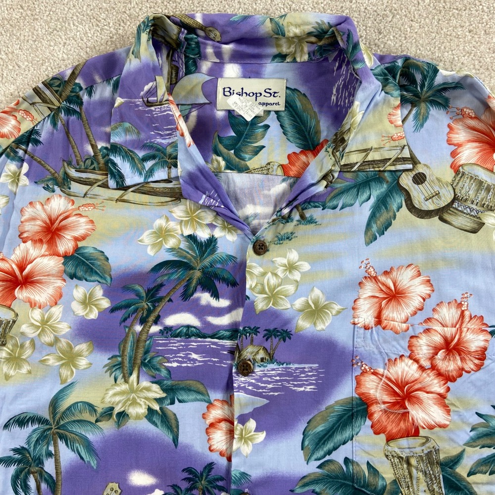 Bishop St Apparel Hawaiian Shirt Mens Large Purple Tropical Rayon Made in Hawaii